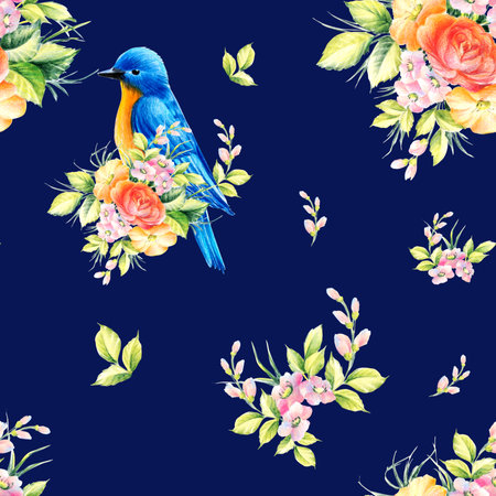 bird and flowers color pencils drawing illustration seamless patternの写真素材