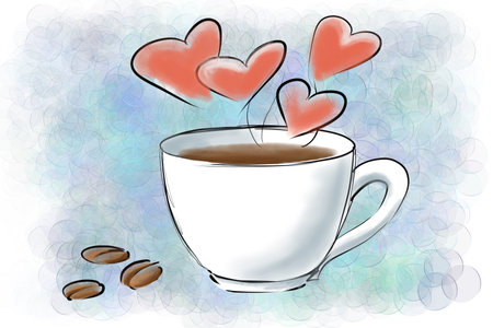 Cup of coffee with hearts on abstract backgroundの写真素材