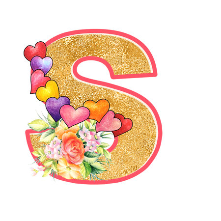 artistic alphabet, capital letter S illustration with summer bouquet leaves and flowers, ane hearts, elegant and romantic fontの写真素材