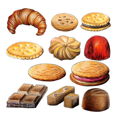 cookies, croissant and chocolates on a white background isolatedの写真素材