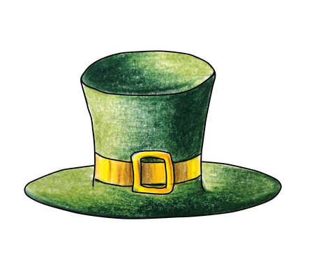 leprechaun hat. St. Patrick's Day, Irish holiday, green hat on white background isolated watercolor pencils drawingの写真素材