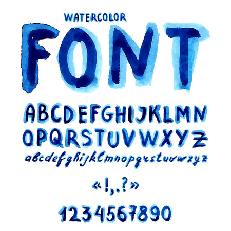 Handwritten watercolor alphabet with numbers and symbols. Vector Illustration.のイラスト素材