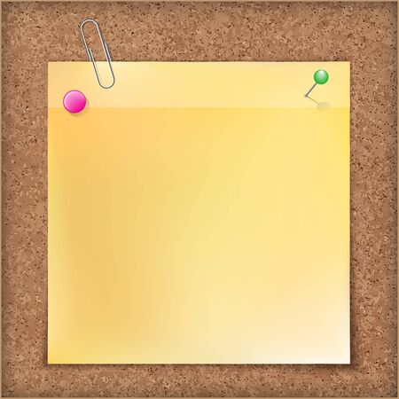 Note paper with metal paper clip, green and pink push pins on cardboard background.のイラスト素材