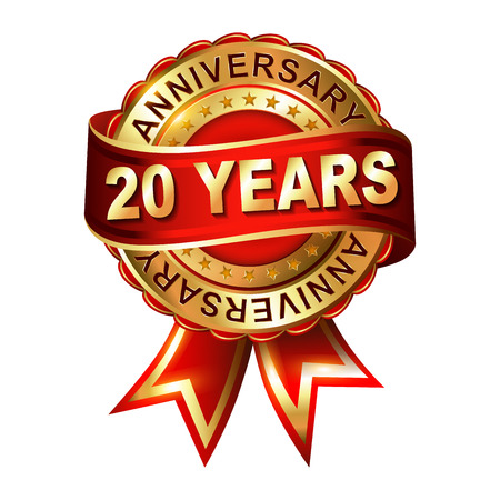 20 years anniversary golden label with ribbon. 
Vector illustration.のイラスト素材