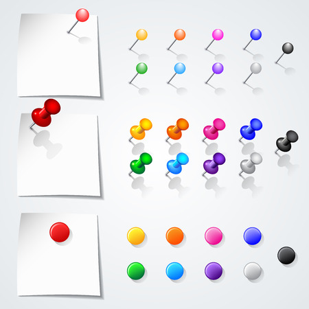 Set of push pins in different colors. Isolated on white background.  
Vector illustration.のイラスト素材