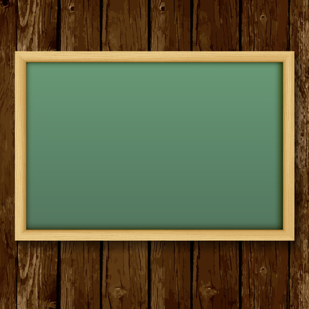 Blank chalk green board in a wood frame for write and teach on wood background.   Vector illustration.のイラスト素材