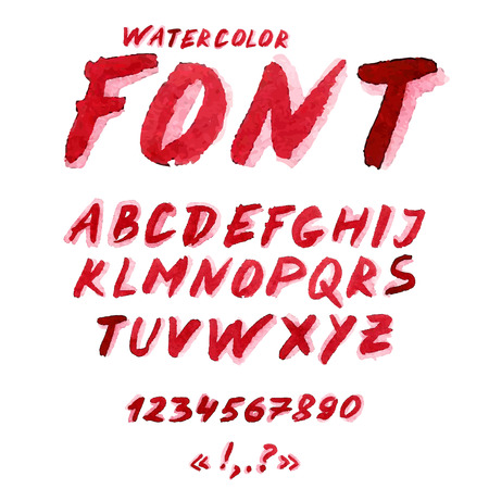 Handwritten watercolor alphabet with numbers and symbols. 
Vector Illustration.のイラスト素材
