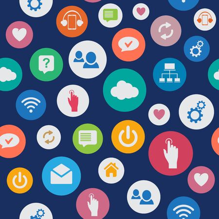 Social network seamless background pattern with cloud, computing, mail, people chat, heart isolated on blue backgroundのイラスト素材