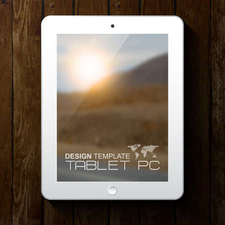 White tablet PC with blurred background. Isolated on wooden background. Vector illustration.のイラスト素材