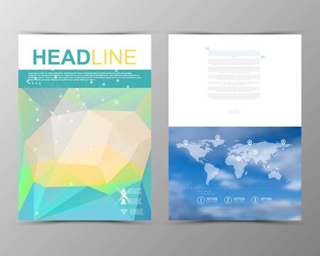 Abstract triangle geometric brochure template. Map.
Flyer Layout. Flat Style. Infographic Elements.
Minimalistic multifunctional media backdrop. Blurred. Icons.  
Vector illustration.のイラスト素材