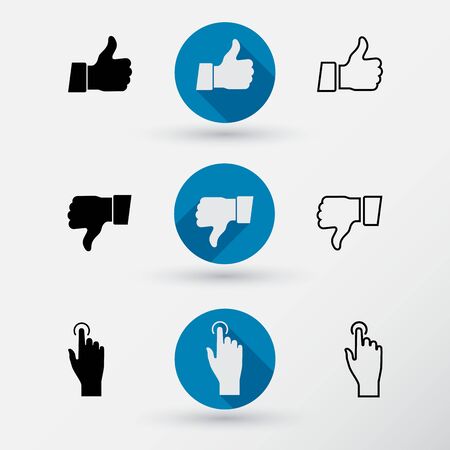 Thumb down applique. 
Thumb up applique. 
Touch icon, hand with pressed finger in flat style.の写真素材