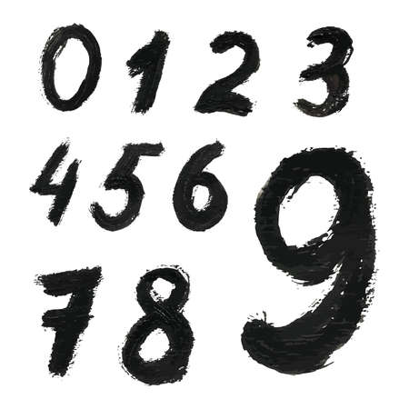 Black handwritten numbers on white background. Acrylic colors.の写真素材