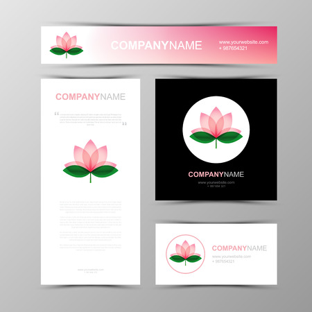 Template of identity for Yoga studio and Beauty Salon. 
Business card, banner and brochure template. 
Lotus blossom icons and logos. Contour lines. Flat design.
Design elements.
Vector illustration.のイラスト素材