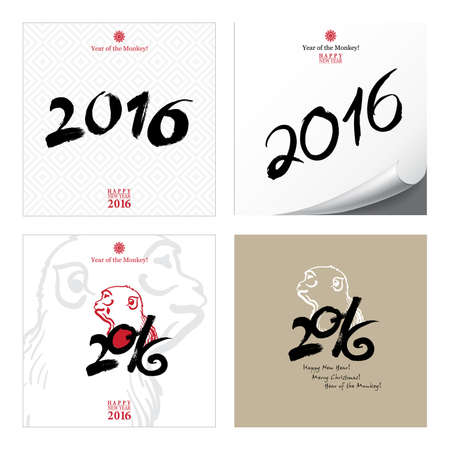 Calligraphy 2016 Happy New Year sign Cards Set with Monkey isolated on white background.Happy New Year. Merry Christmas.Year of the monkey!のイラスト素材