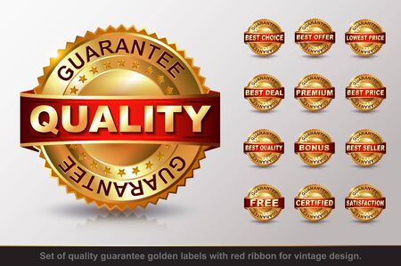 Set of guarantee golden label with red ribbon. Quality, Best Chouce, Best Offer, Lowest Price, Best Deal, Premium, Best Price, Bonus, Seller, Free, Certified, Satisfactionのイラスト素材