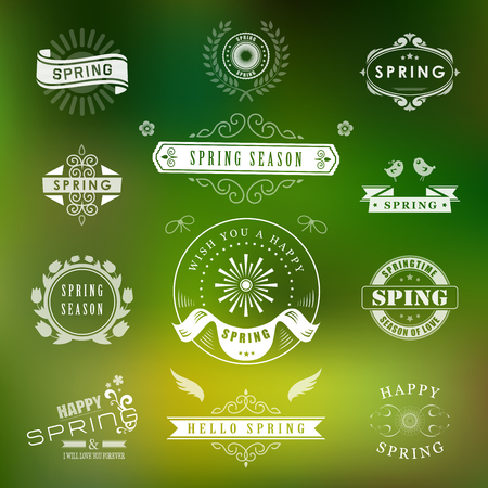 Happy Spring Typographic Design Set. Retro and Vintage Style Templates. Style Design Elements and Icons. Spring Logos for Greeting Cards, Sale Badges. Spring Flowers for background. Spring Time.  Vector illustration.のイラスト素材