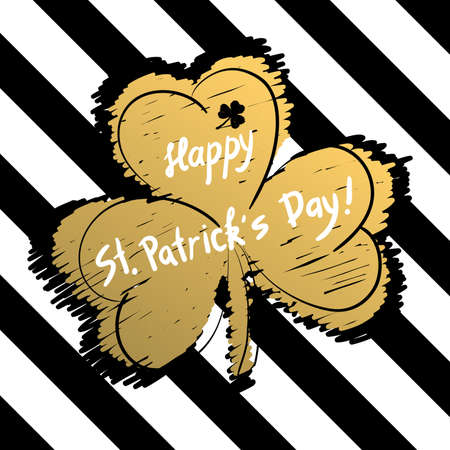 Happy Patrick`s Day gold and black greeting card. Hand Drawn and Handwritten Design Elements. Lettering Design.のイラスト素材