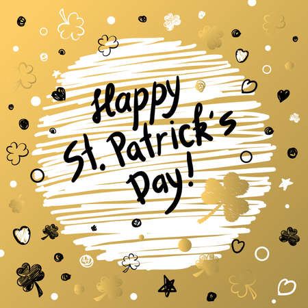 Happy Patricks Day gold and black greeting card. Hand Drawn and Handwritten Design Elements. Lettering Design.のイラスト素材
