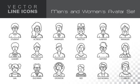 Modern Thin Contour Line Icons set of people avatars. 
Man`s and Women`s characters staff pictogram. 
Stroke Concept for web and mobile application.
Flat design isolated on transparent background.
Vectorのイラスト素材