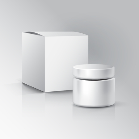 Cosmetic bottle with box isolated on white background with reflection.
Blank cosmetics bottle.Cosmetic package. Realistic 3D image.
Design Template for Mock Up.のイラスト素材