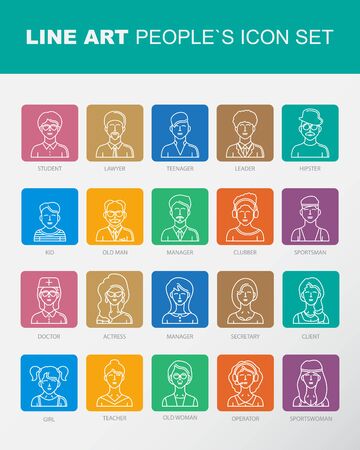 Modern Thin Contour Line Icons set of people avatars. 
Man`s and Women`s characters staff pictogram. 
Stroke Logo Concept for web and mobile application.
Flat design isolated on white background.のイラスト素材