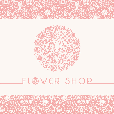 Flower shop logo and signs in trendy linear style. Emblem and icon of flowers. Template for Business card, Banner and Brochure.  Identity Style for Flower shop.  Flat design.のイラスト素材