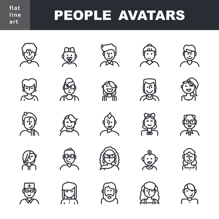 Man`s and Women`s characters staff pictogram.  Modern Thin Contour Line Icons set of people avatars for profile page,  social network, social media, professional human occupation, portfolio, web and mobile application.  Flat design isolated on white backgのイラスト素材