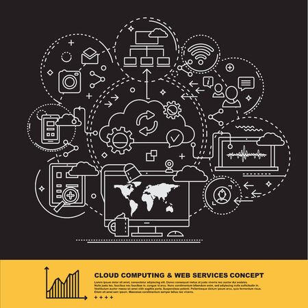 Modern Thin Contour Line Design Concept of Cloud Computing and Web Services.  Banner for application development, web and mobile application technologies,  information and social media.のイラスト素材