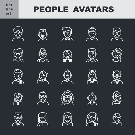 Man`s and Women`s characters staff pictogram.  Modern Thin Contour Line Icons set of people avatars for profile page,  social network, social media, professional human occupation, portfolio, web and mobile application.  Flat design isolated on white backgのイラスト素材