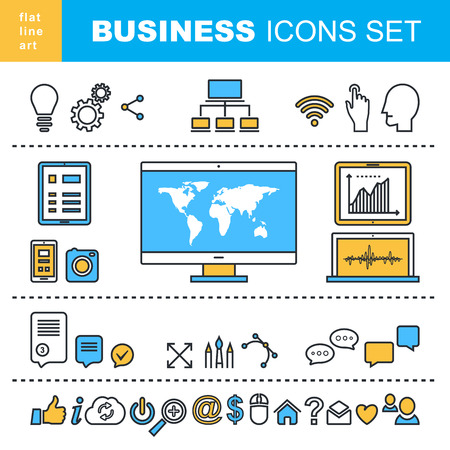 Modern Thin Contour Line Design Business Icons Set.  Banner for application development, web and mobile application technologies,  information and social media. Touch icon, hand with pressed finger in flat style.のイラスト素材