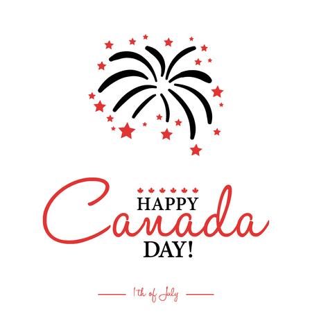 Happy 1th of July Canada Day card or background with Maple leaf. Canadian flag greeting card. Festive poster or banner with hand lettering.Flat design.のイラスト素材