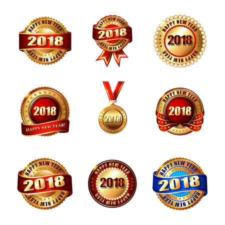 Set of Happy New Year 2018 Golden Labels with Ribbon. Isolated on white background.のイラスト素材
