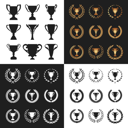Set of Winner Trophy Cup Silhouettes with Wreaths. 
Icons collection. Modern flat style.のイラスト素材