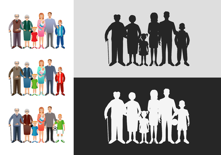Set of big happy families. Father, mother, son, daughter, grandfather, grandmother, baby. 
Generation. Realistic images isolated on white background. 
Collection of black and white figures of people.のイラスト素材