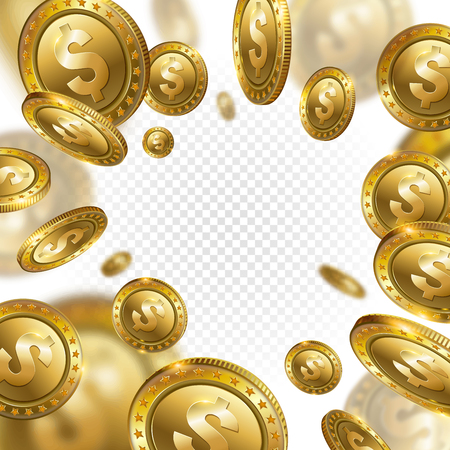 Fortune Realistic 3d Gold Dollar Coins flying on transparent background. Casino cash prize money. Cash money symbol isolated. Finance investment.のイラスト素材