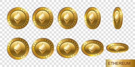 Ethereum. Set of realistic 3d gold crypto coins. Flip Different Angles.Cash money symbol. Finance Investment Concept of Money.  Logo, icon, sign isolated on transparent background. Modern flat style.のイラスト素材