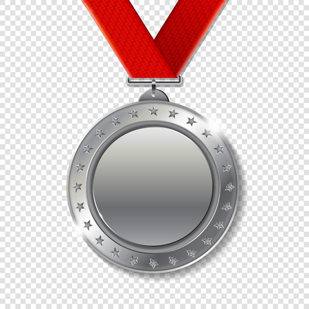 Realistic 3d silver trophy champion award medal for winner. Honor prize. Modern flat style isolated on transparent background.のイラスト素材