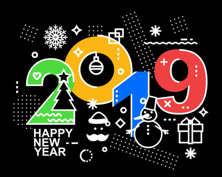 2019 Happy New Year trendy and minimalistic card or background.
Modern Thin Contour Line Design Concept. Flat, outline.
Isolated on white background.のイラスト素材