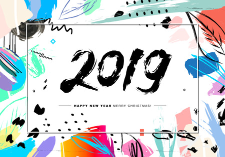 2019 Merry Christmas and Happy New Year card or background. Creative universal floral artistic cover in trendy style with Hand Drawn textures. Collage. Hipster graphic design template.のイラスト素材