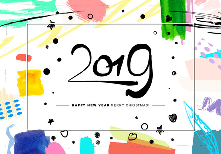 2019 Merry Christmas and Happy New Year card or background. Creative universal floral artistic cover in trendy style with Hand Drawn textures. Collage. Hipster graphic design template.のイラスト素材