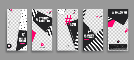Set of creative universal Editable Stories Ttemplate in trendy style on transparent background for social media promo.
Love, follow me, this is my life, my summer experience, about me.のイラスト素材