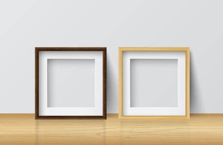 Realistic Square Light Wood and Dark Wood Blank Picture frame,standing on Light Wood Floor atWhite Wall from the Front. Design Template for Mock Up.Vector illustrationのイラスト素材