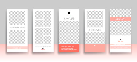 Set of creative universal Editable Stories Template in trendy style on transparent background for social media promo with Living Coral colors.
Love, follow me, this is my life, my summer experience, about me.
Vector illustrationのイラスト素材