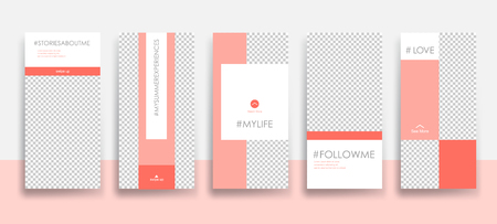 Set of creative universal Editable Stories Template in trendy style on transparent background for social media promo with Living Coral colors.
Love, follow me, this is my life, my summer experience, about me.
Vector illustrationのイラスト素材
