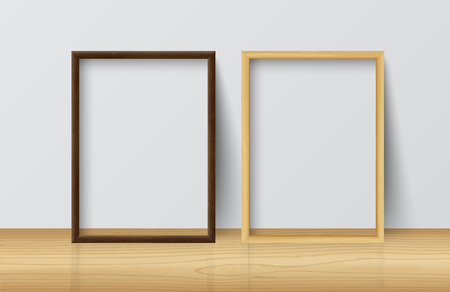 Realistic Square Light Wood and Dark Wood Blank Picture frame,standing on Light Wood Floor atWhite Wall from the Front. Design Template for Mock Up.Vector illustrationのイラスト素材