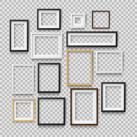 Set of Photo Realistic Square White, Black and Wood Blank Picture Frame, hanging on a Wall from the Front. 
3d mockup isolated on transparent background. 
Graphic style template.
Vector illustrationのイラスト素材