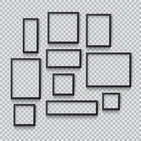 Set of Photo Realistic Square Black  Blank Picture Frame, hanging on a Wall from the Front. 3d mockup isolated on transparent background. Graphic style template.Vector illustrationのイラスト素材