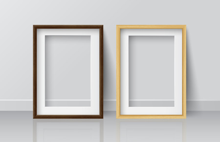 Realistic Square Light Wood and Dark Wood Blank Picture frame, standing on White Floor atWhite Wall from the Front. Design Template for Mock Up.Vector illustrationのイラスト素材
