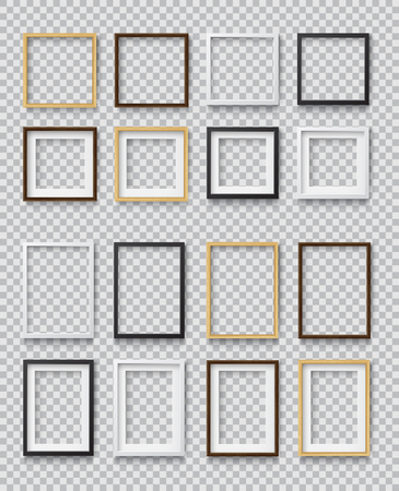 Set of Photo Realistic Square White, Black and Wood Blank Picture Frame, hanging on a Wall from the Front. 
3d mockup isolated on transparent background. 
Graphic style template.
Vector illustrationのイラスト素材