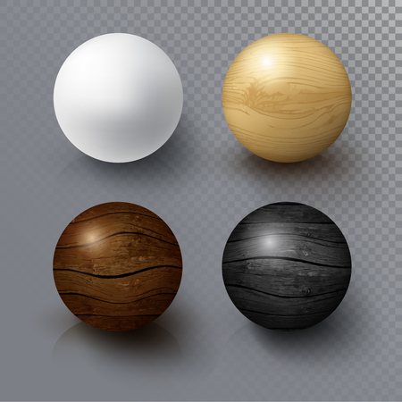 Set of Realistic 3D White Ball and Wooden Sphere. Balls on transparent background with reflection. Design Template for Mock Up. Vectorのイラスト素材